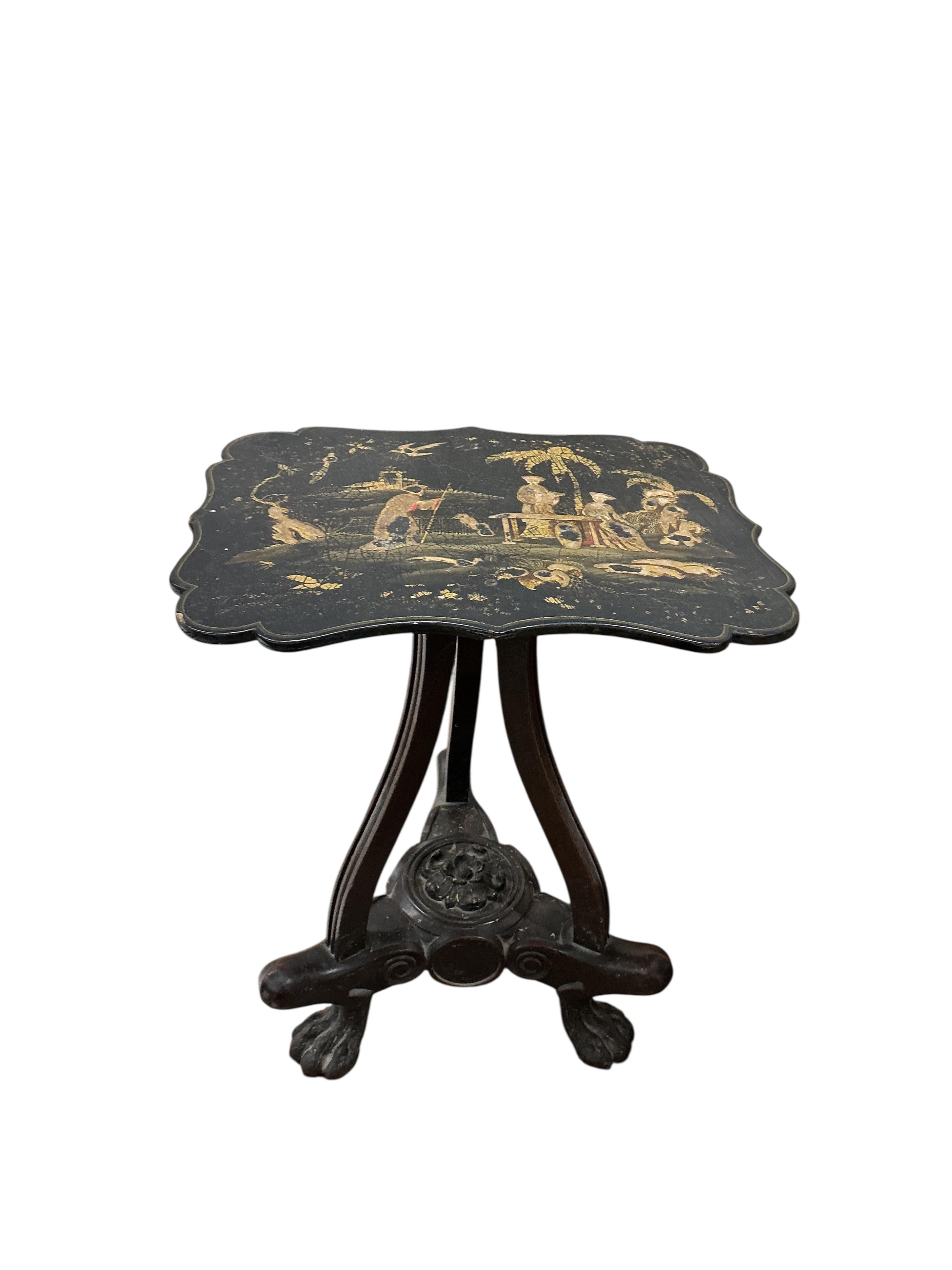 A pair of chinoiserie lacquer papier maché occasional tables with mahogany and cast iron underframes converted from polescreens, width 37cm, depth 29cm, height 46cm